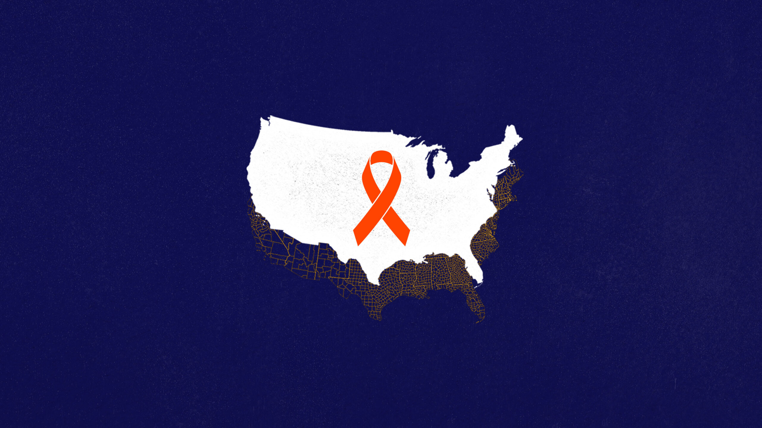 Outline US map with ribbon in middle imposed over US map grid over a muted background.
