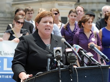 SPLC legal director Mary Bauer at Atlanta press conference
