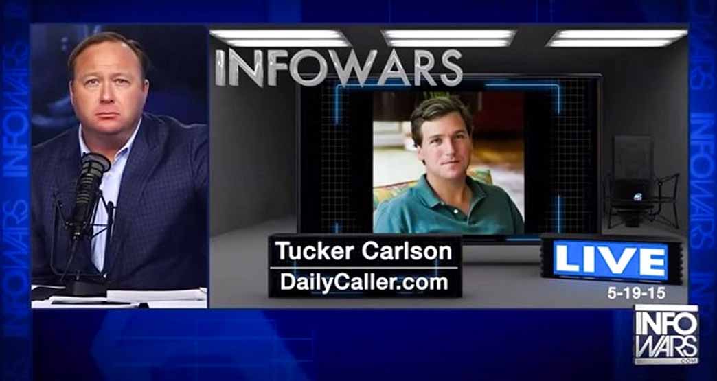 Tucker Carlson, appearing on the Infowars show, with Alex Jones.