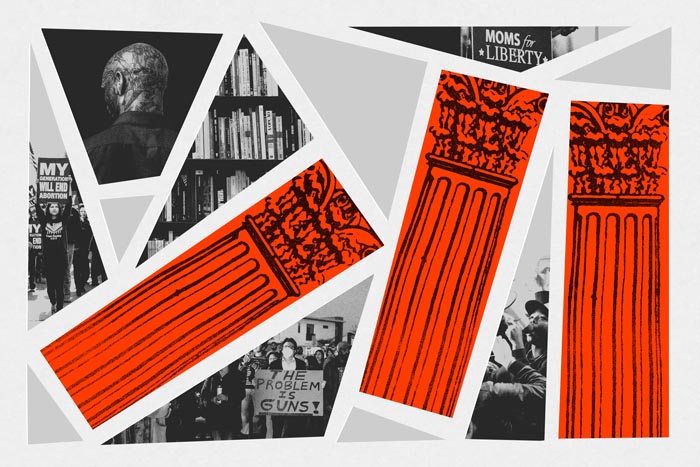 Illustration of tumbling pillars in foreground with images of protests, library books and Moms for Liberty sign.