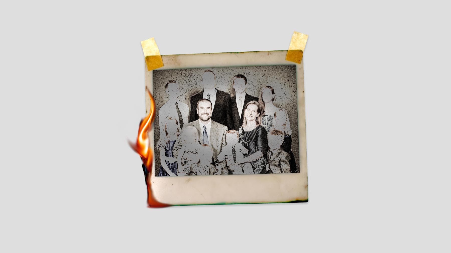 Illustration of family portrait taped on a light-colored background.