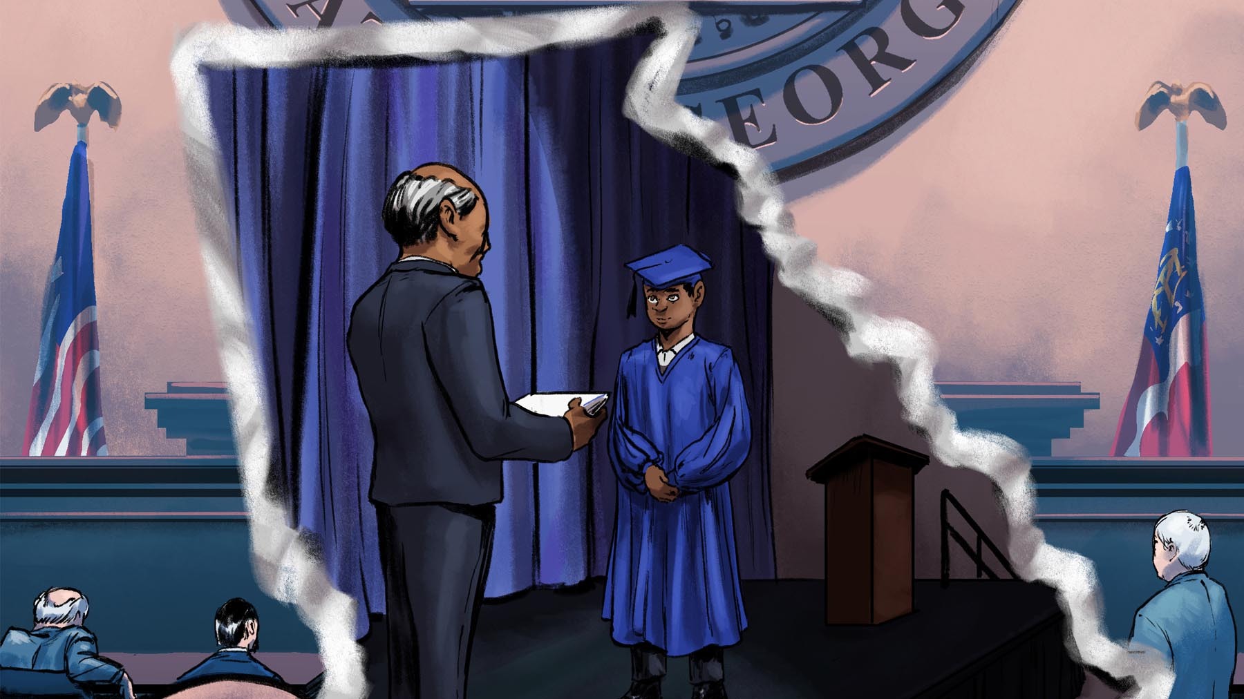 Illustration of youth in cap and gown receiving diploma from an adult person inside outline of state of Georgia.