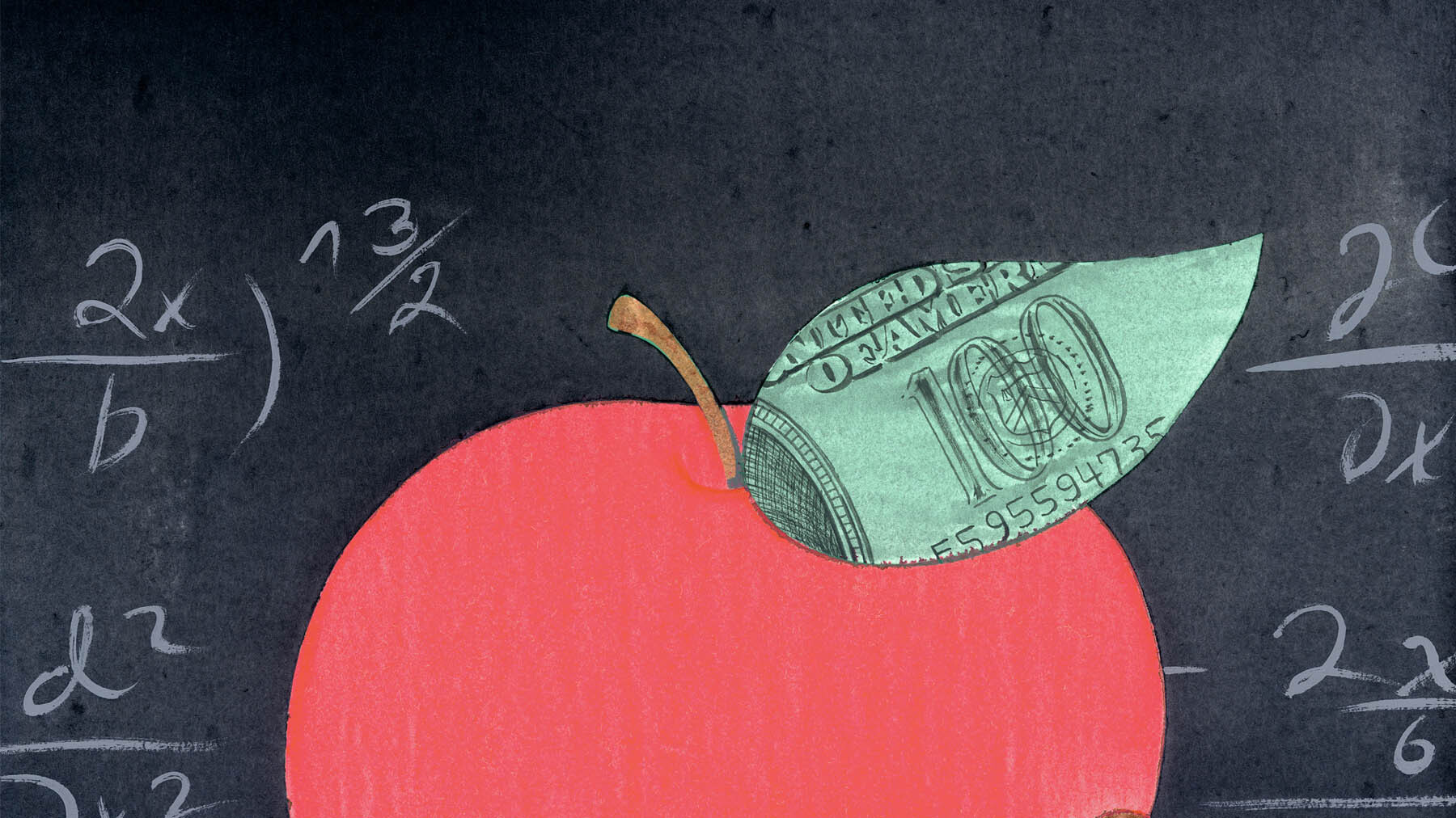 Illustration of apple that has money as the leaf over a black chalkboard in the background.