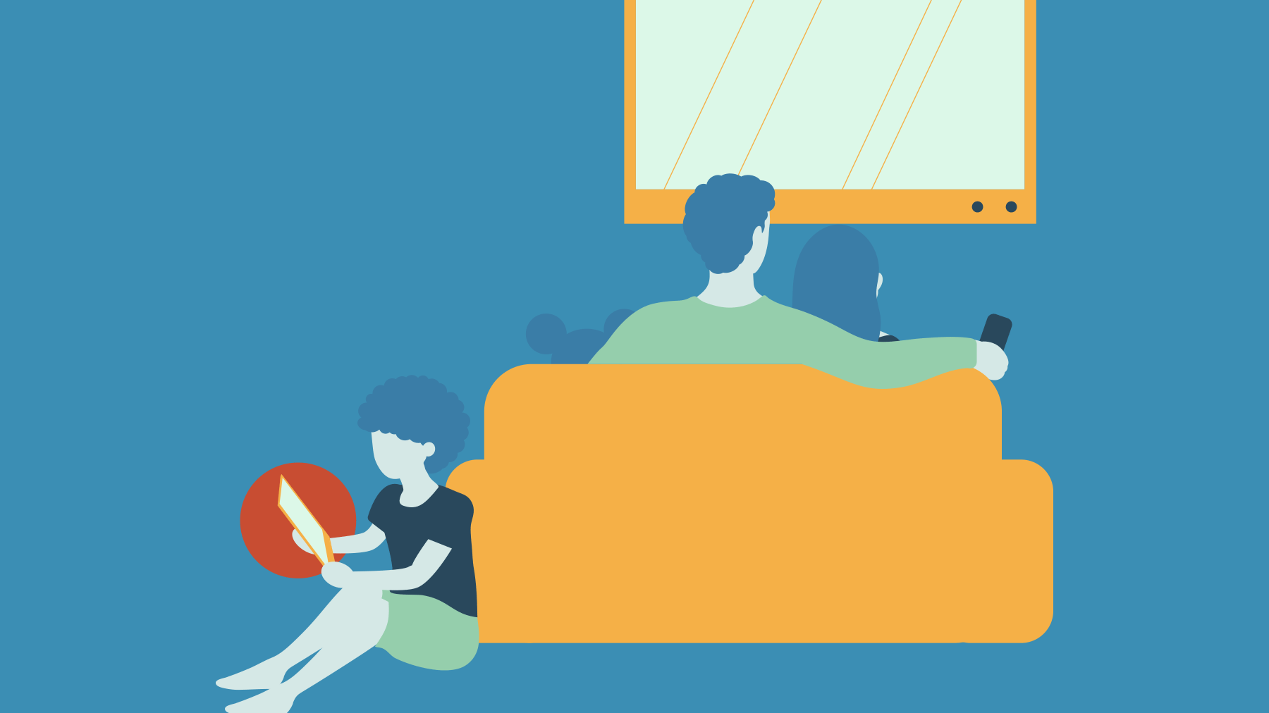 illustration of parents sitting on the couch while a child sitting on the side looks at an tablet