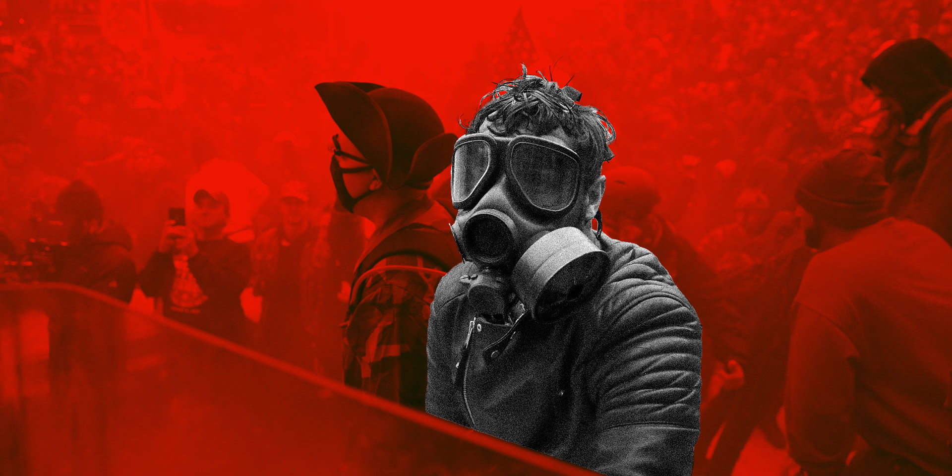 A person wearing a gas mask fully covering the face is imposed over a vibrant red background featuring other figures in a smokey scene.
