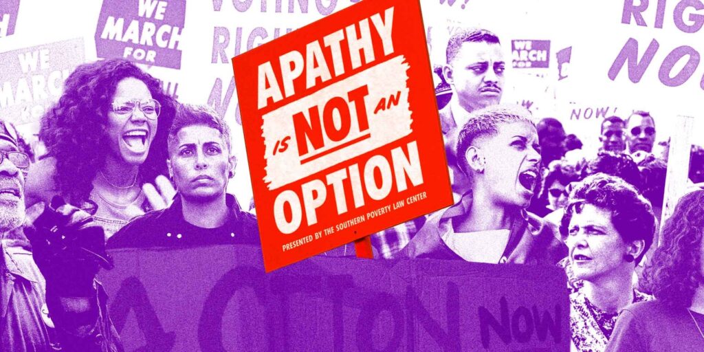 Colorized illustration of march with vibrant sign reading: Apathy is Not an Option.