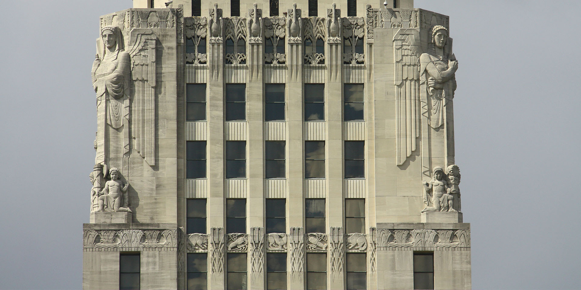 Exterior view of midway of tower of Louisiana State Capitol.