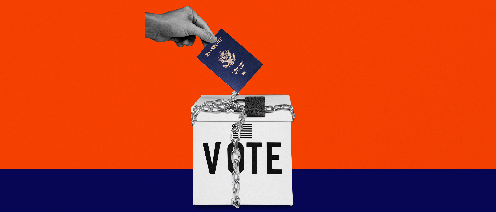 Illustration of hand placing a U.S. passport in locked ballot box labeled "Vote" over a vibrant two-tone background.