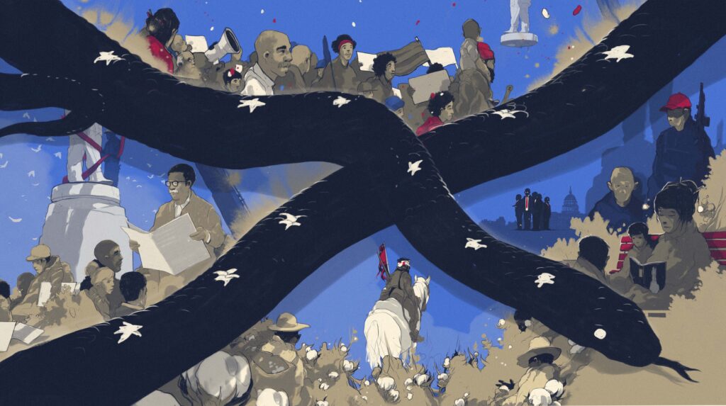 Illustration of Confederate battle flag infilled with scenes of protest and monument removal.