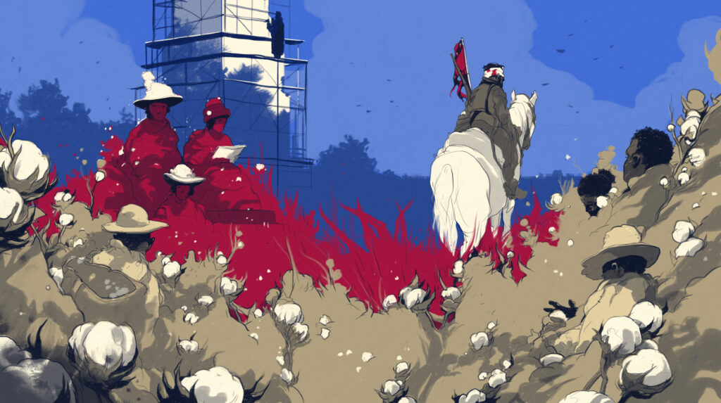 Injured person on horseback treks through a field of people as a monument is erected in background.
