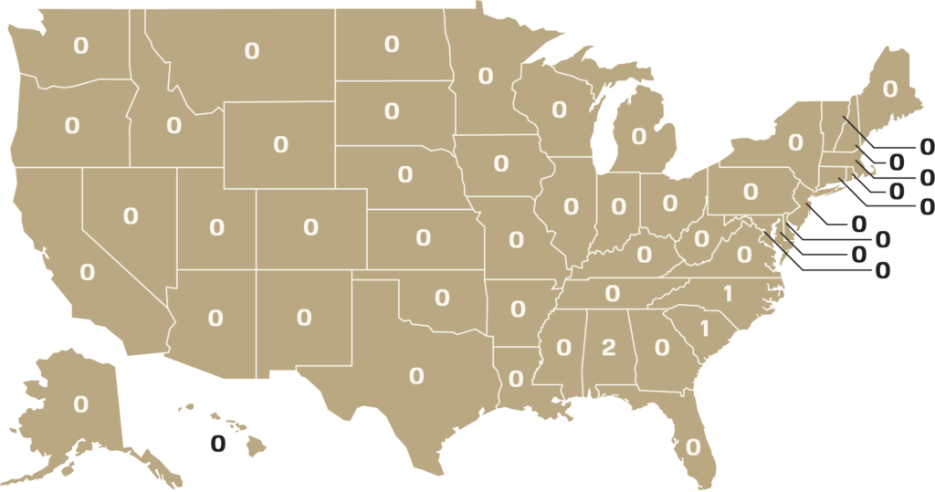 Map with state outlines and numbers indicating neo-confederate hate groups by state.