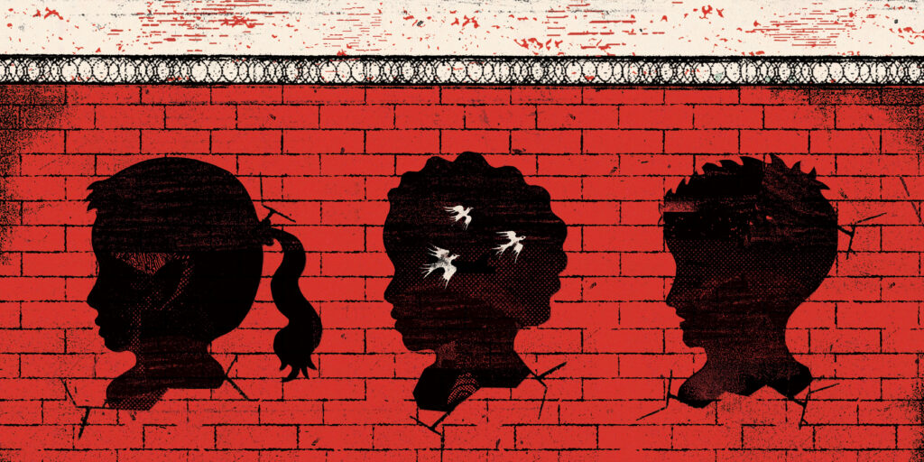 Illustration of three silhouettes on a brick wall topped with barbed wire and white doves flying inside one of the silhouettes.