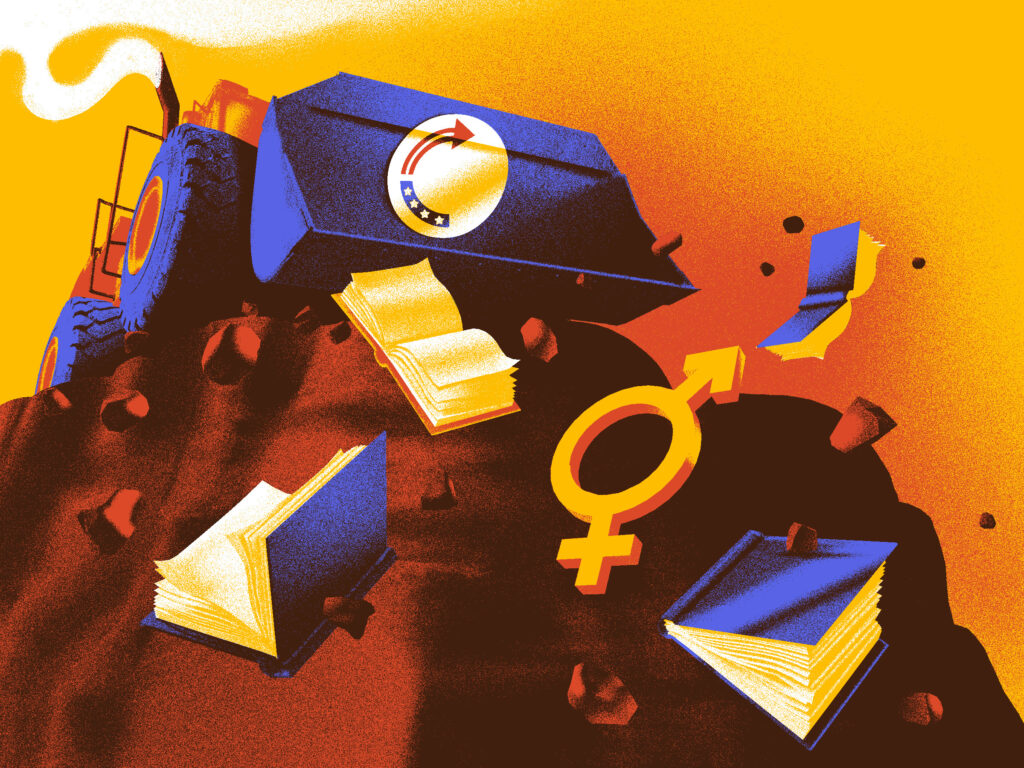 Illustration of bulldozer bearing TPUSA’s logo pushes books and gender identity off cliff.