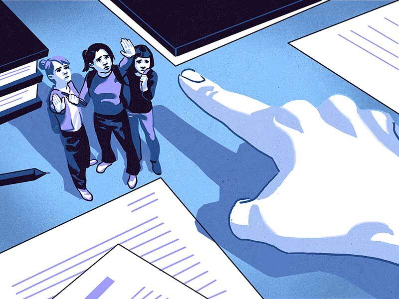a giant hand points at three girls in school