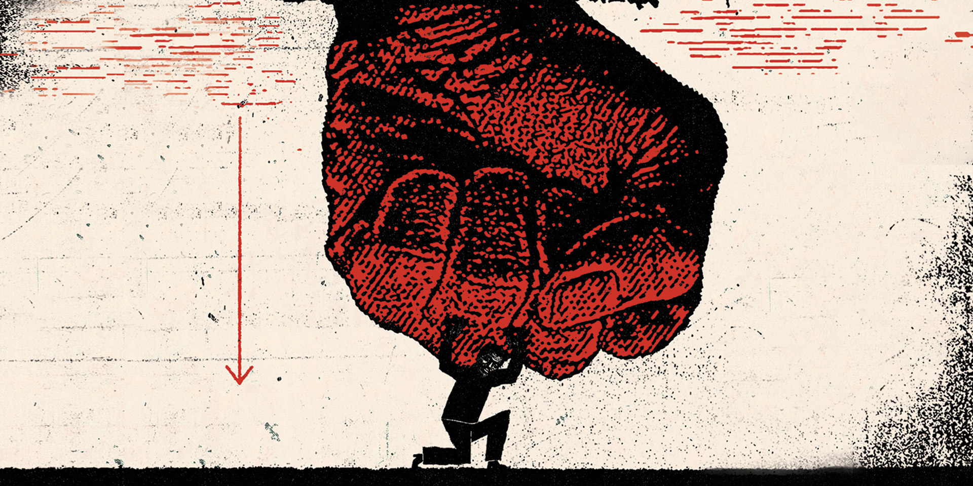 Illustration of massive fist bearing down on a person attempting to stop its downward push.