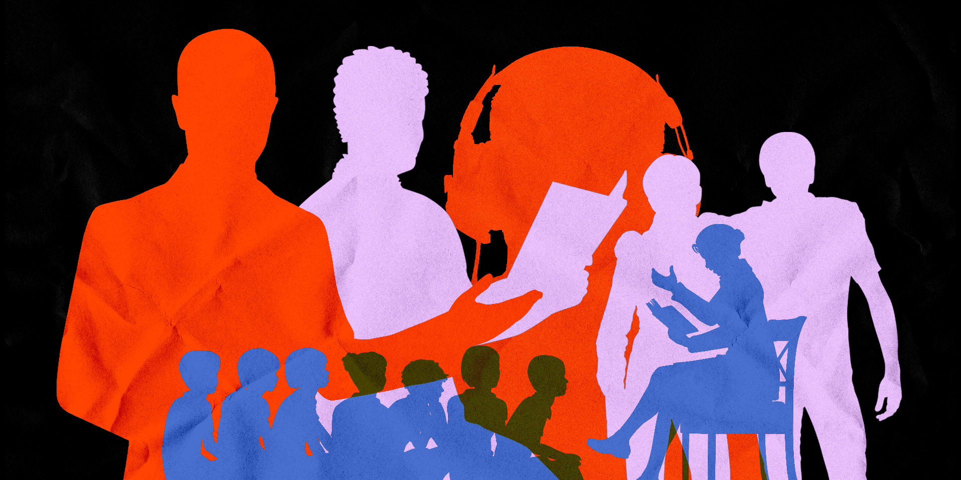 Collage in vibrant colors of outlines of people in collective action.