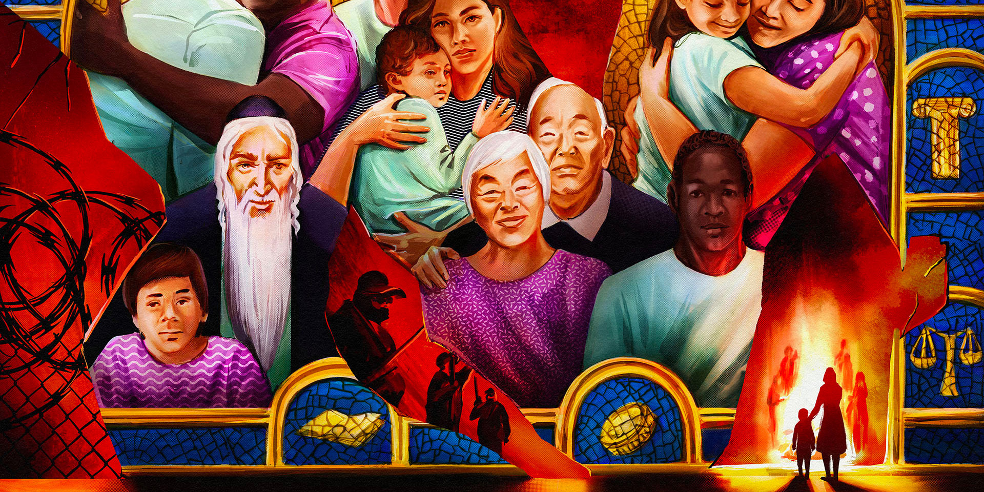 Figures outline stained glass window illustrating the Year in Hate and Extremism.