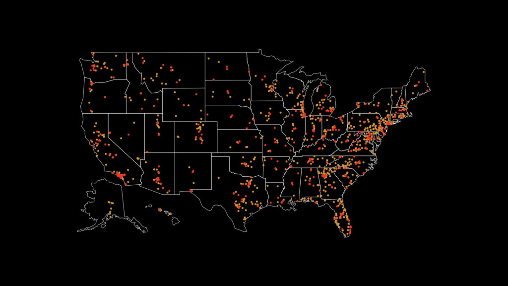 A map of the united states showing hot spots for extremist activity.
