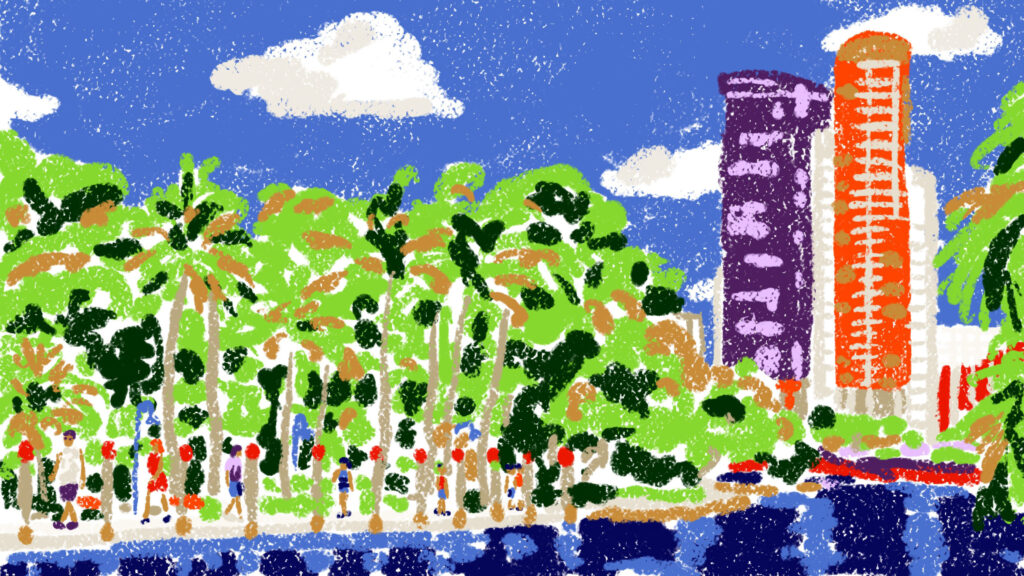 Paint of Florida palm trees and downtown.