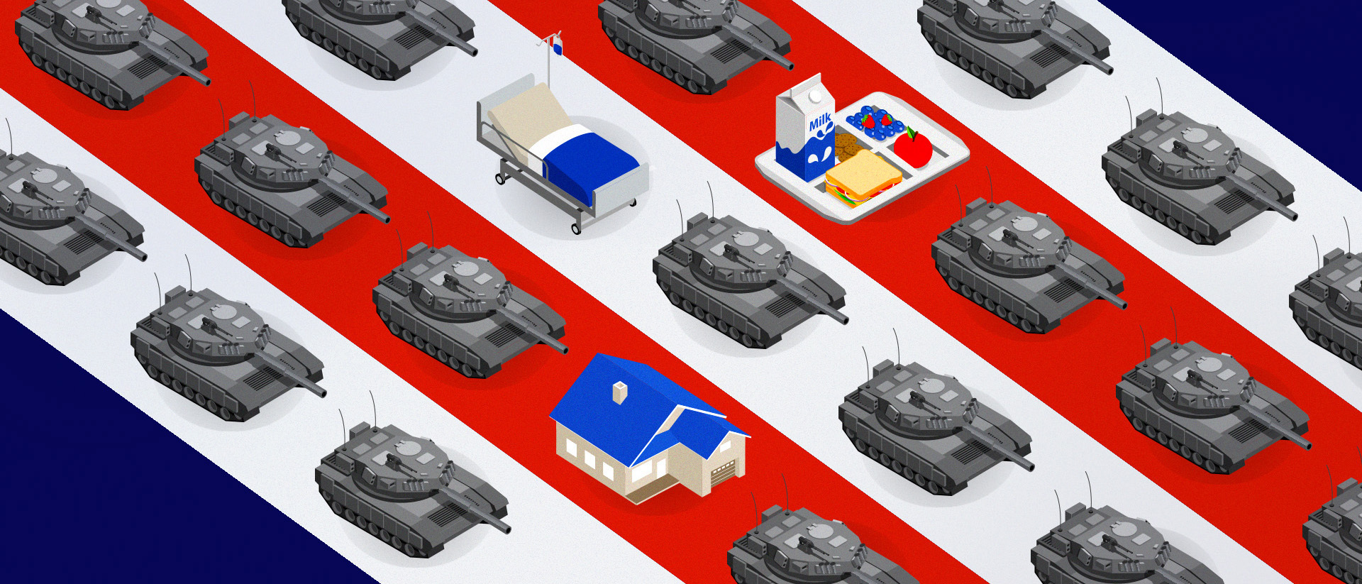A hospital bed, food tray and house appear in formation with tanks in a grid.