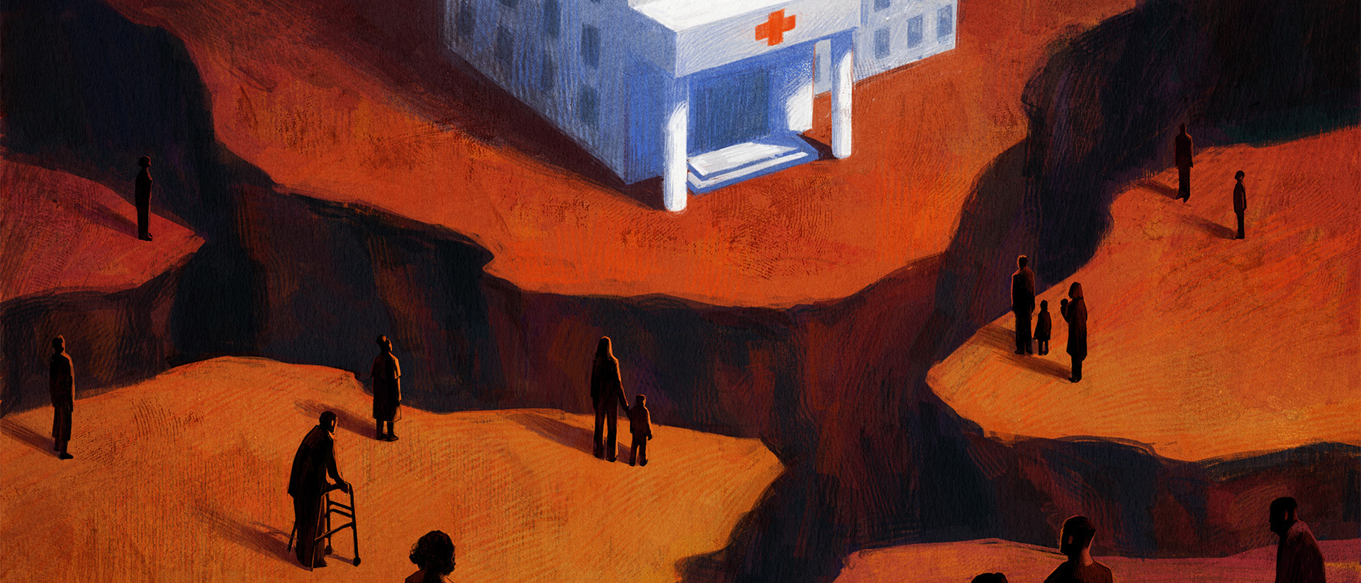 Illustration of fissures that separate people from hospital.