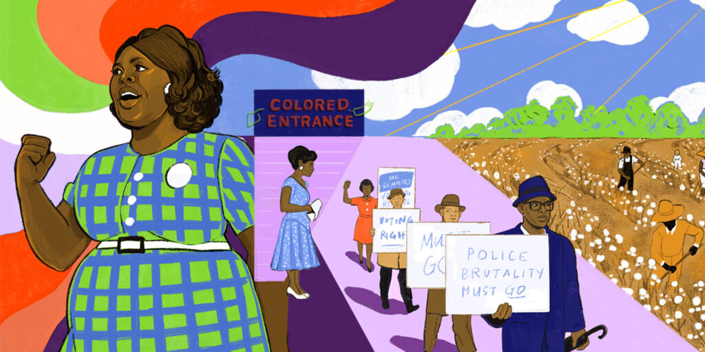 Illustration of people marching in opposition to segregation