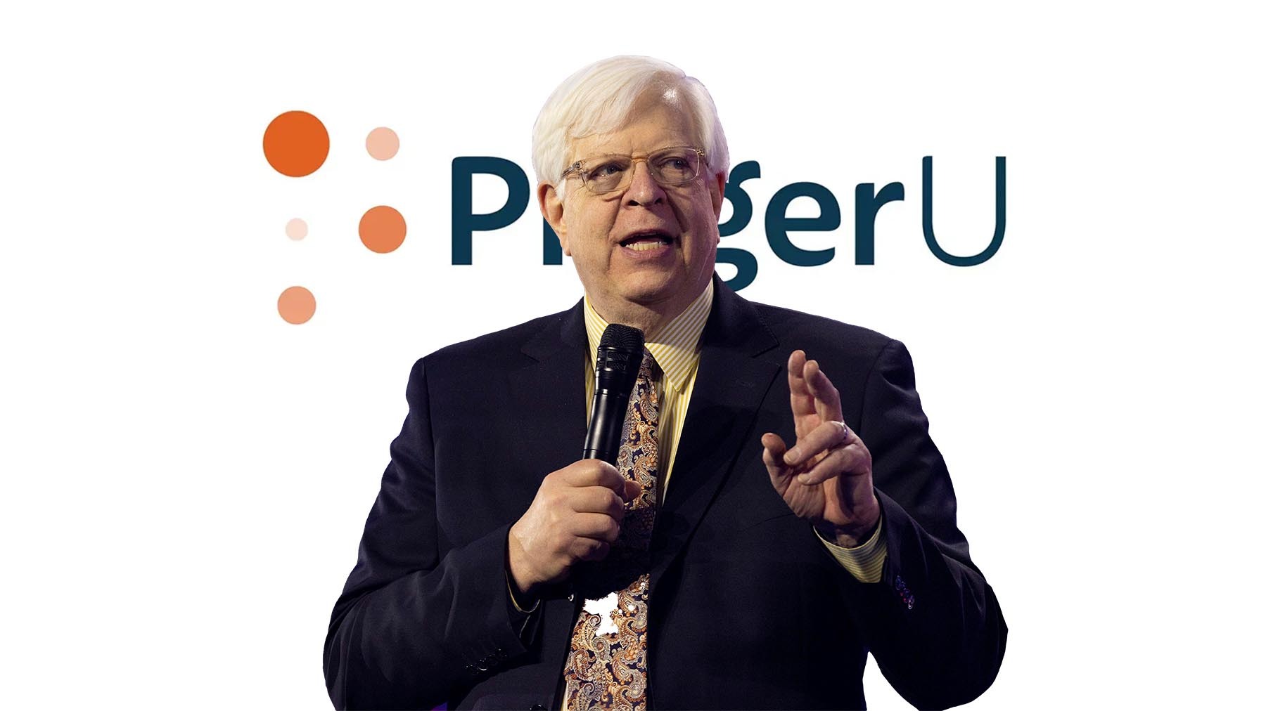 Person holding microphone in front of logo for PragerU