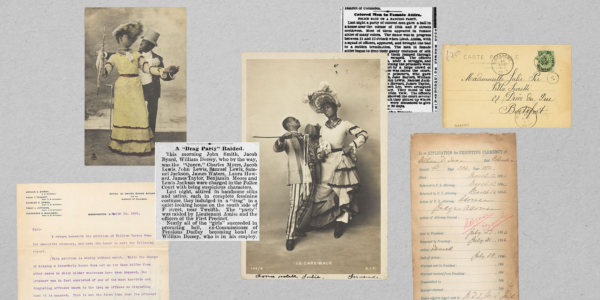 Collage of newspaper clippings, letters and photographs.