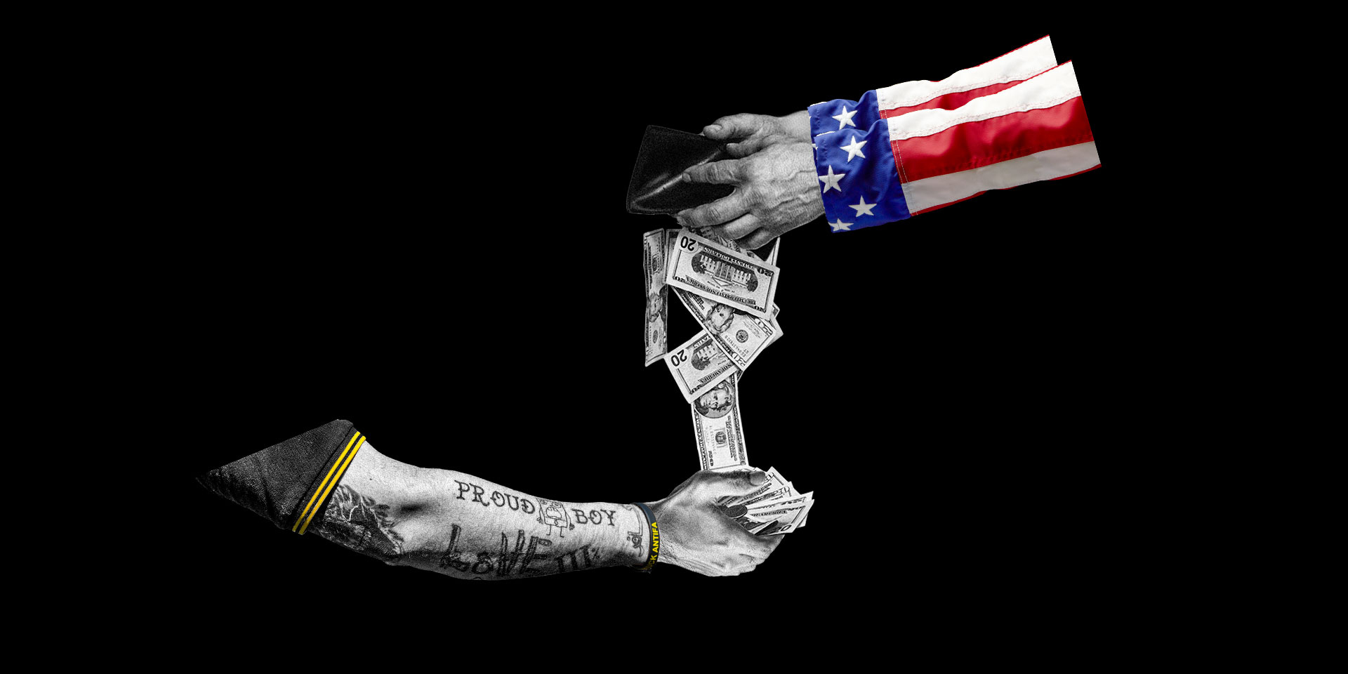 Uncle Sam hands drop large-sum bills to hand tattooed with Proud Boys insignia below.