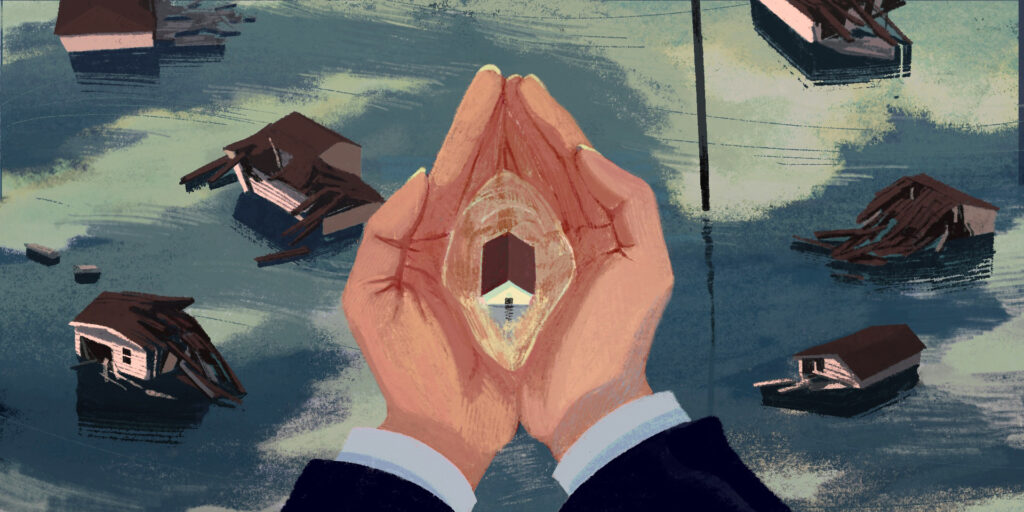 Hands clasped hold a house in water above landscape of water with crumbled houses on the surface.