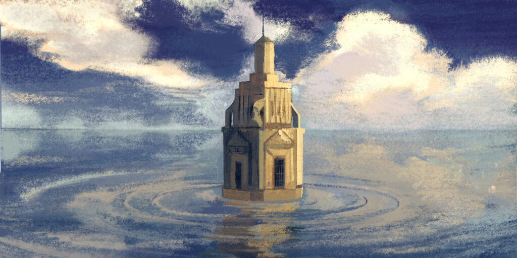 Cupola rippling in water under a cloudy sky.