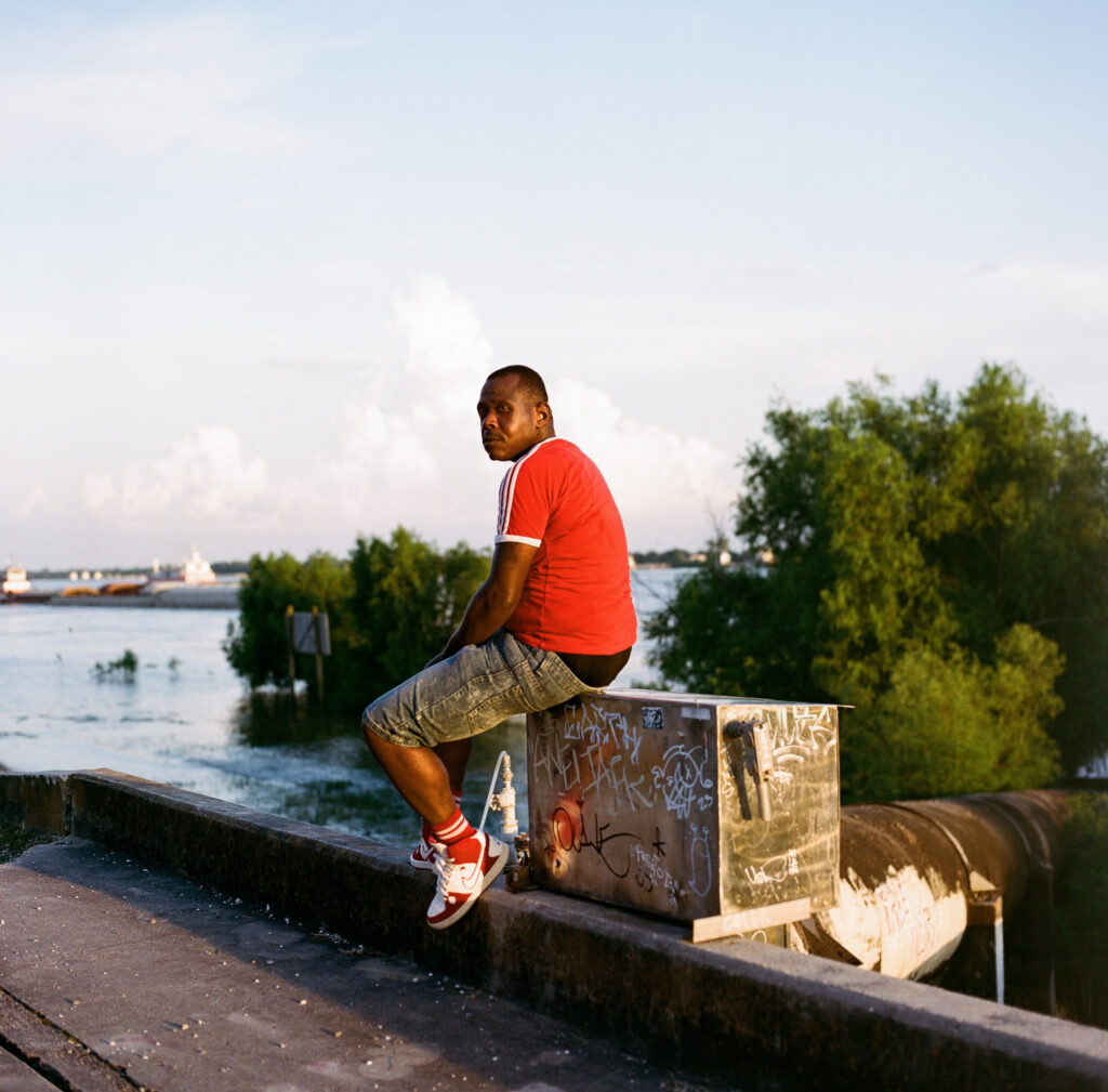 A man in a red shirt
