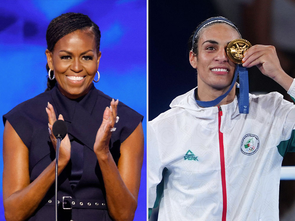 Collage of two images of women: One applauding while behind a microphone at left and another holding a medal over her face on the right.