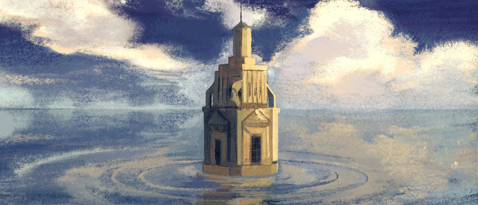 Copula rippling in the water under a dark sky.