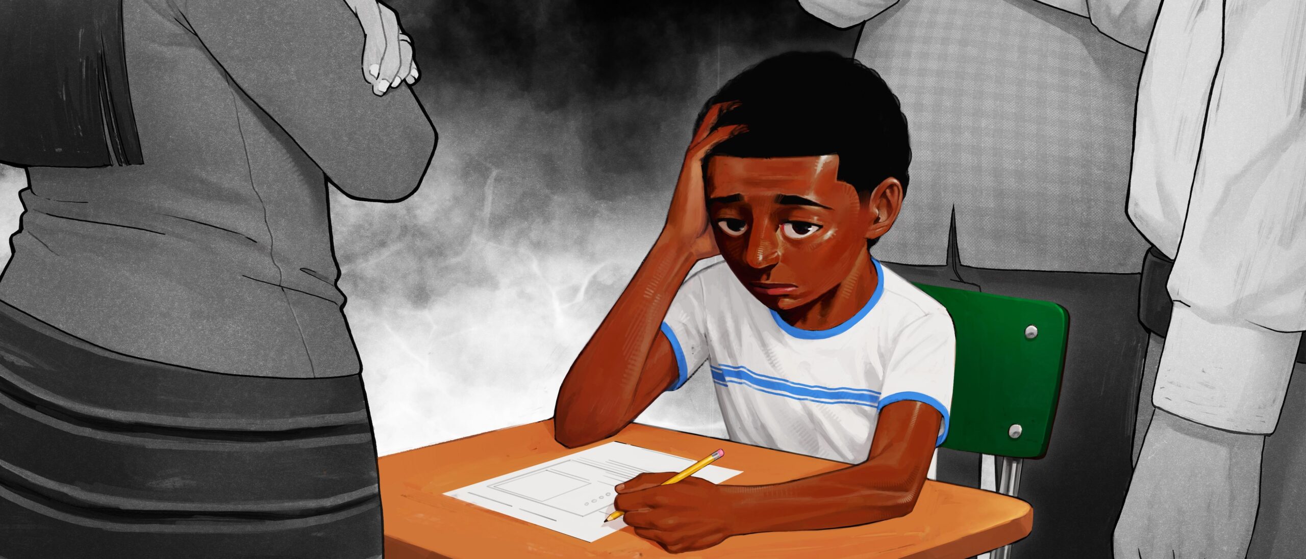 Child holds head while performing a task at desk surrounded by menacing adults.