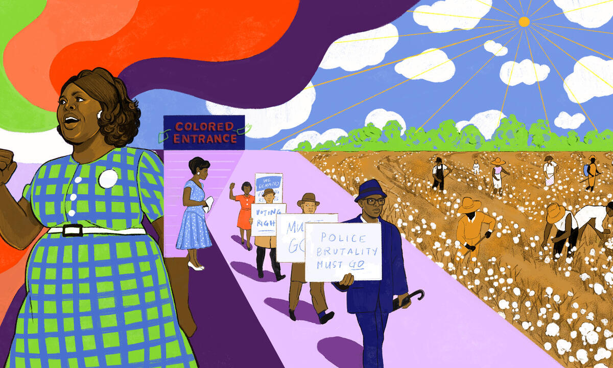 A colorful artistic drawing of scenes depicting working in cotton fields, protest marches, segregation, and empowerment