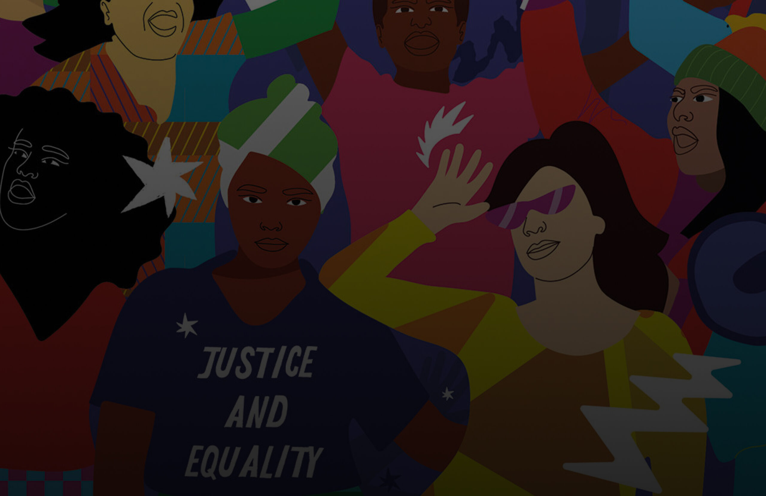 A colorful and artistic drawing of people protesting, the main subject is wearing a shirt that reads Justice and Equality