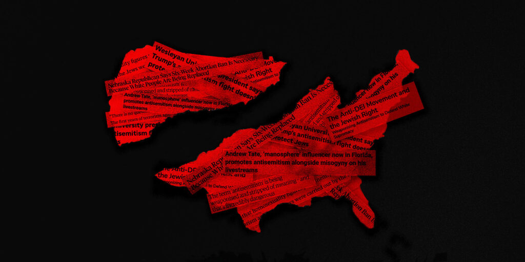 Broken map of US plastered with headlines in vibrant color