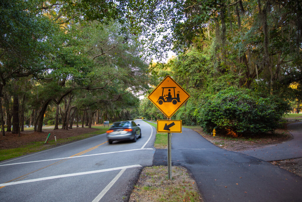 Trees surround divided roadway at a cart crossing.