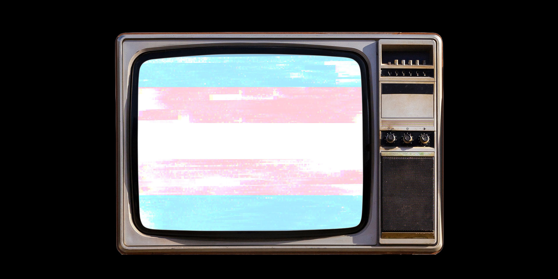 CRT television with image of Trans flag colors on screen over a dark background.
