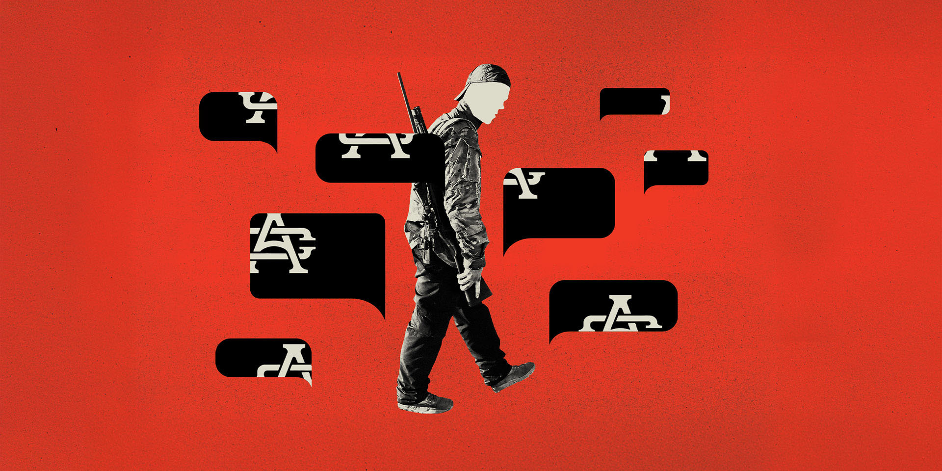 Illustrative image of person holding long weapon over shoulder surrounded by though bubbles over a vibrant background.