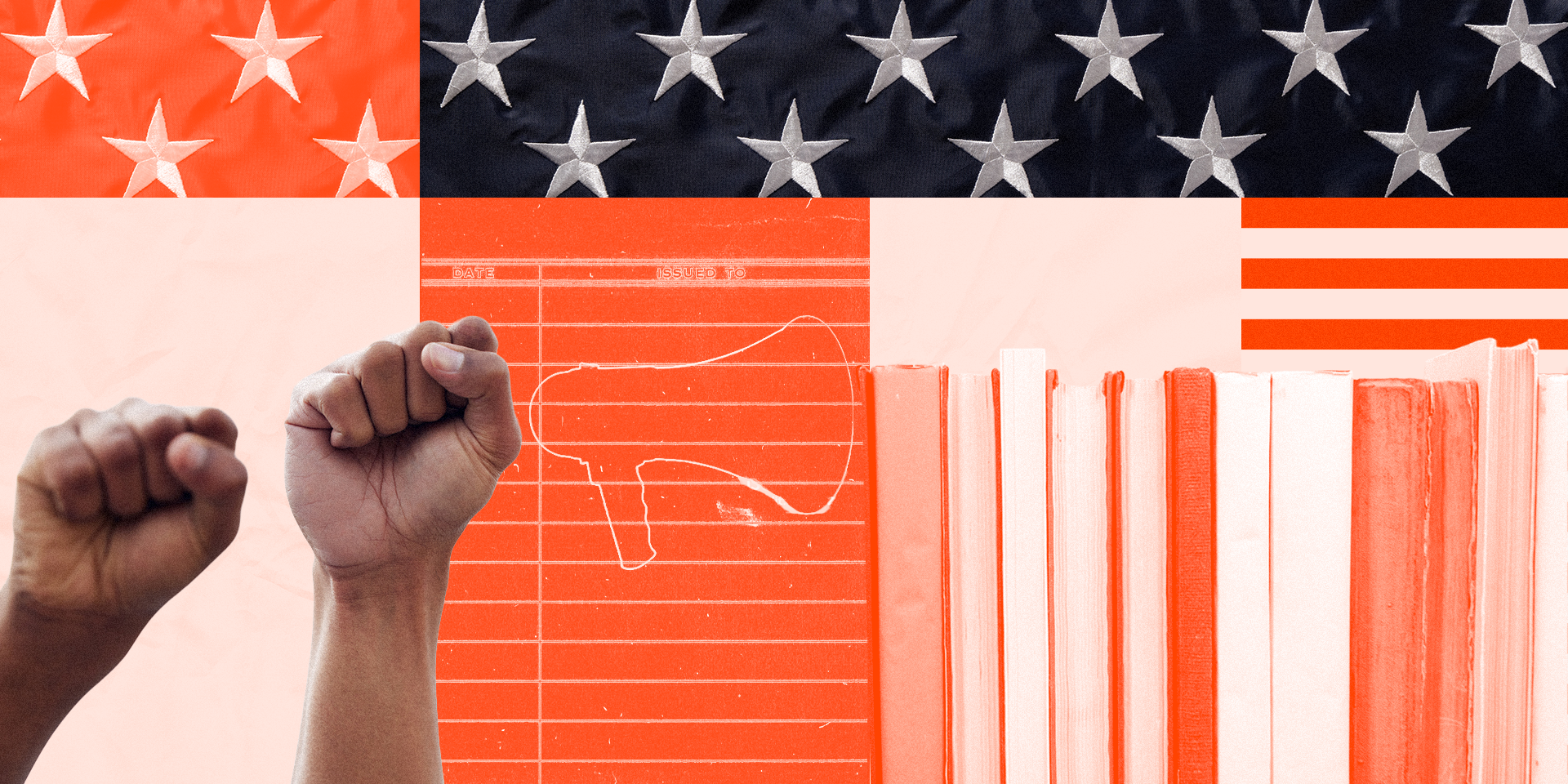 raised fists in front of a stylized version of the American flag