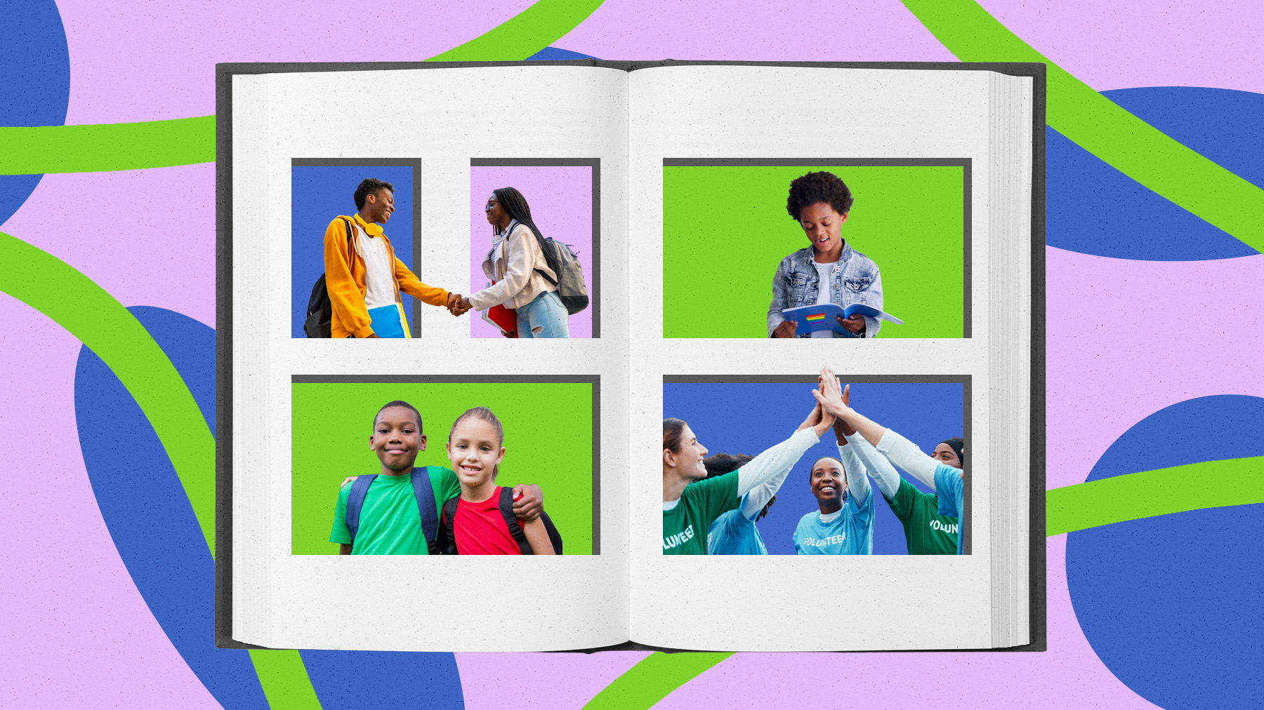 Image of a book with pages and photos of children and youth.