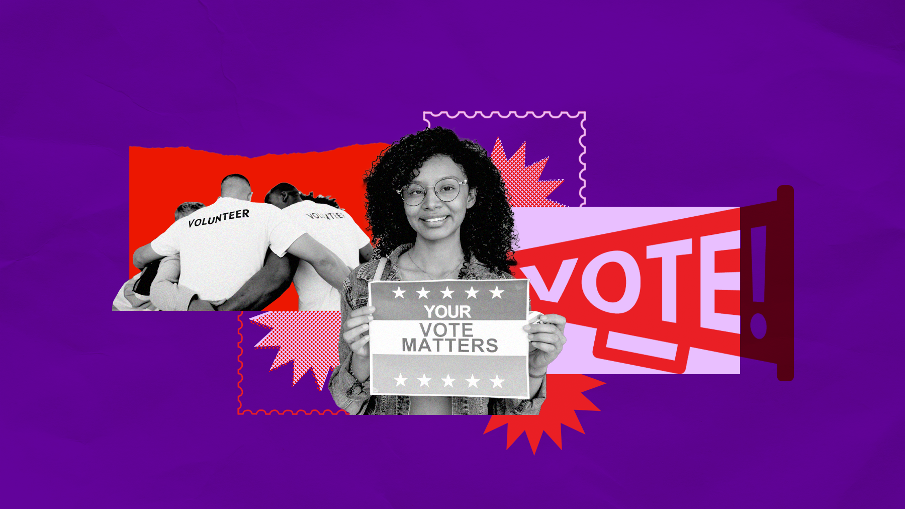 Young Black woman with sign saying "Your Vote Matters", a group of volunteers in the background.