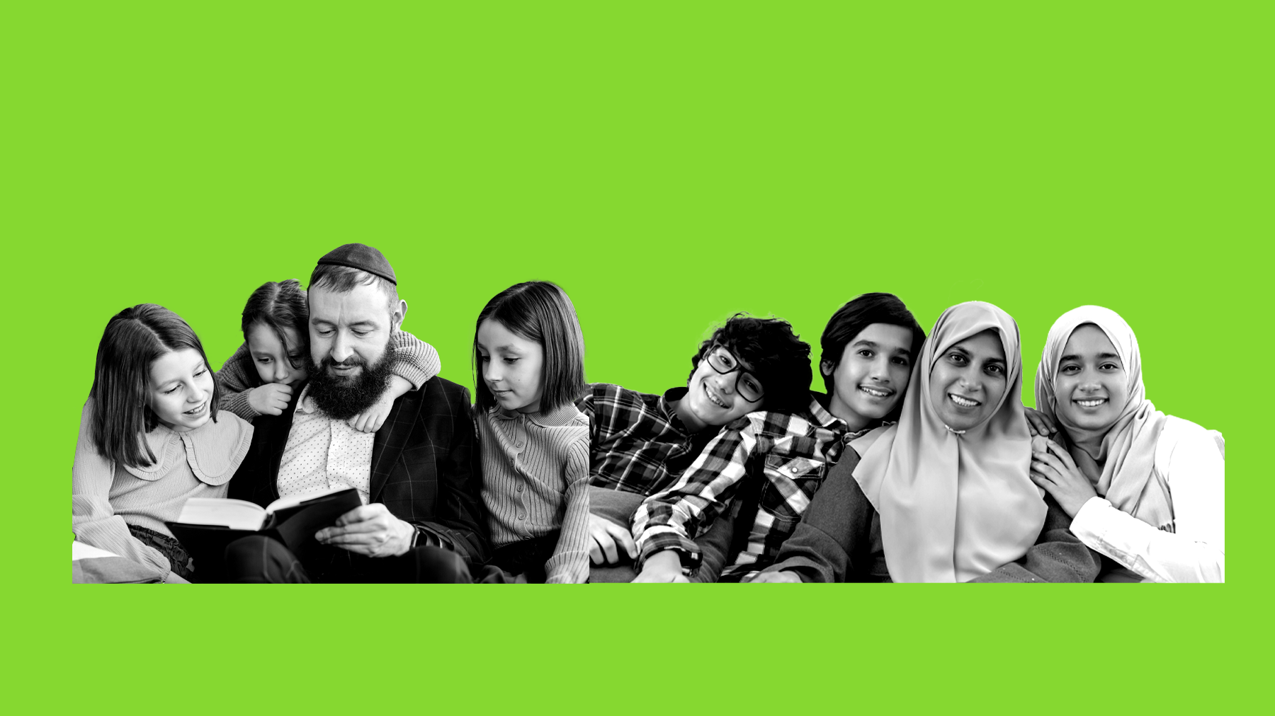 Collage image of a Jewish family and a Muslim family