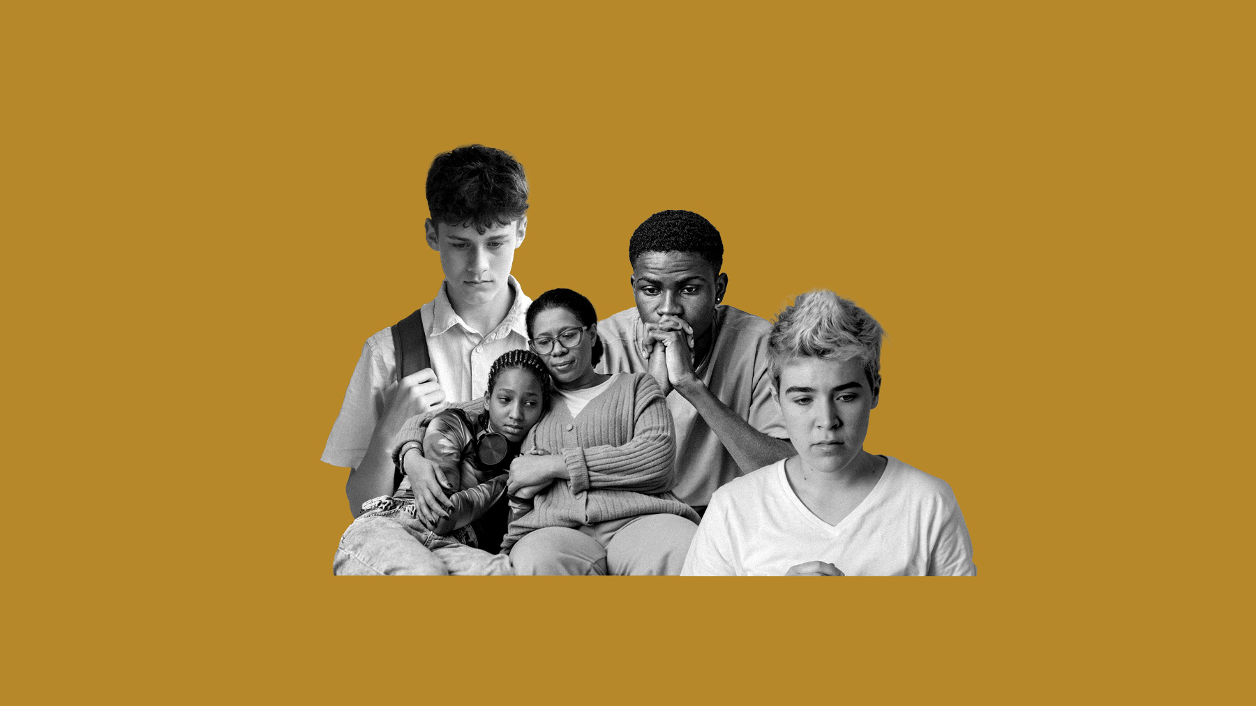 Collage image of a group of diverse young people and a parent