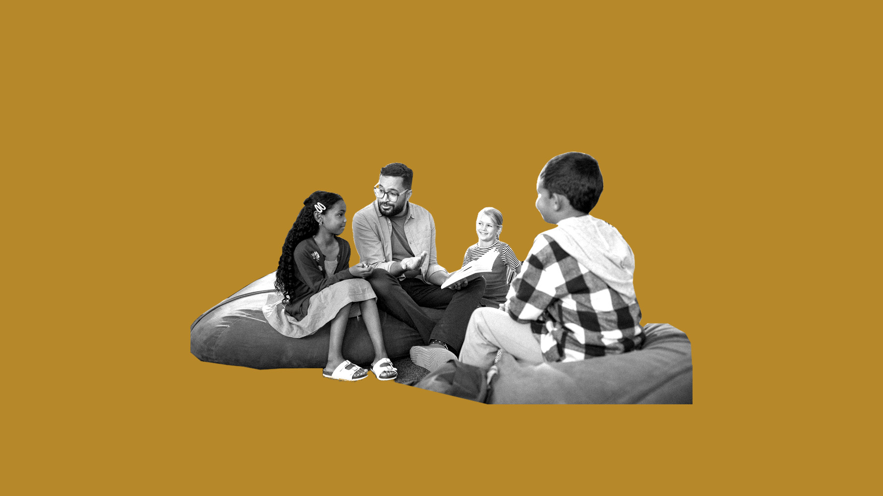 Adult and group of children talking