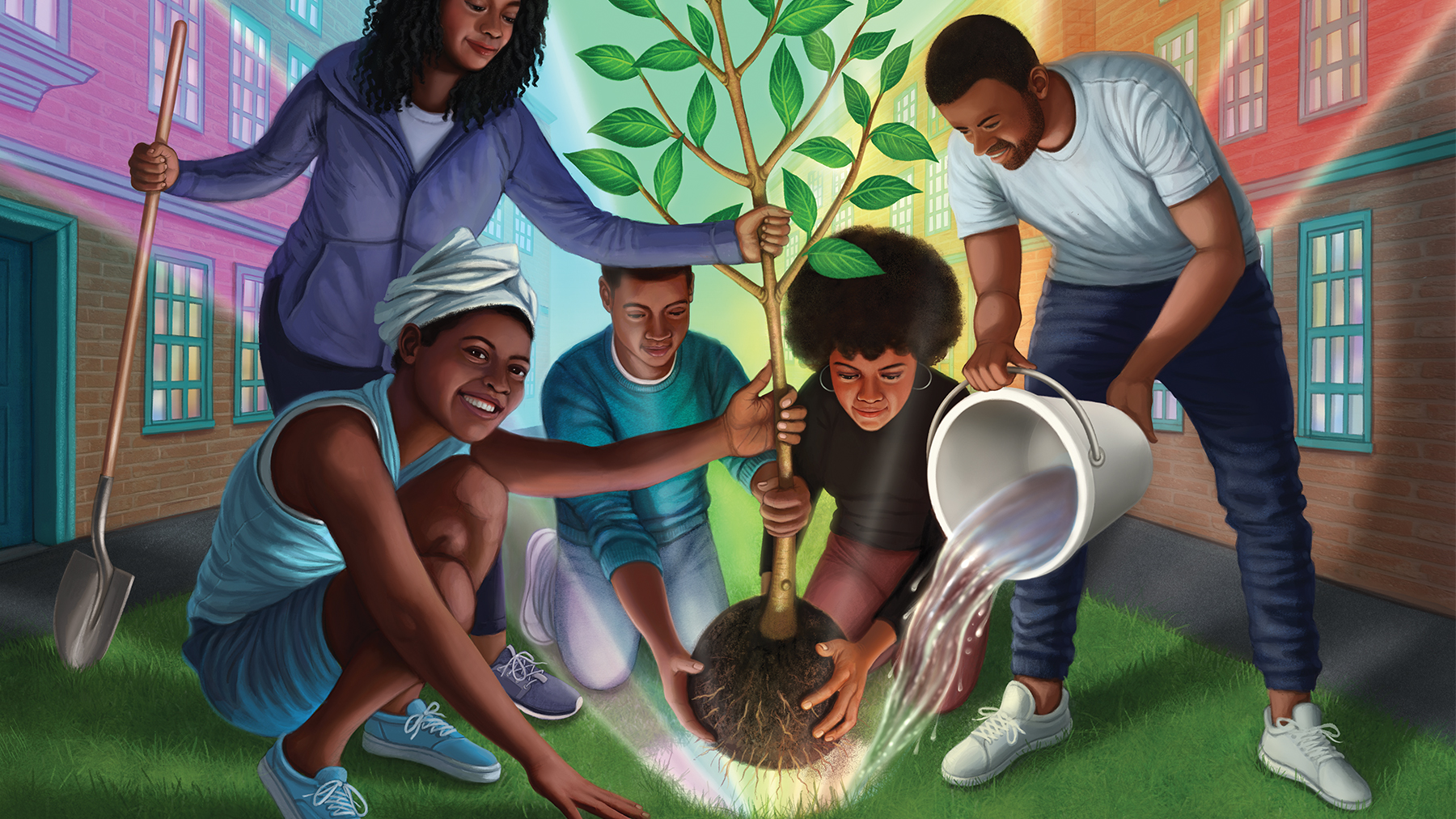 Illustration of youth and adults planting a tree together
