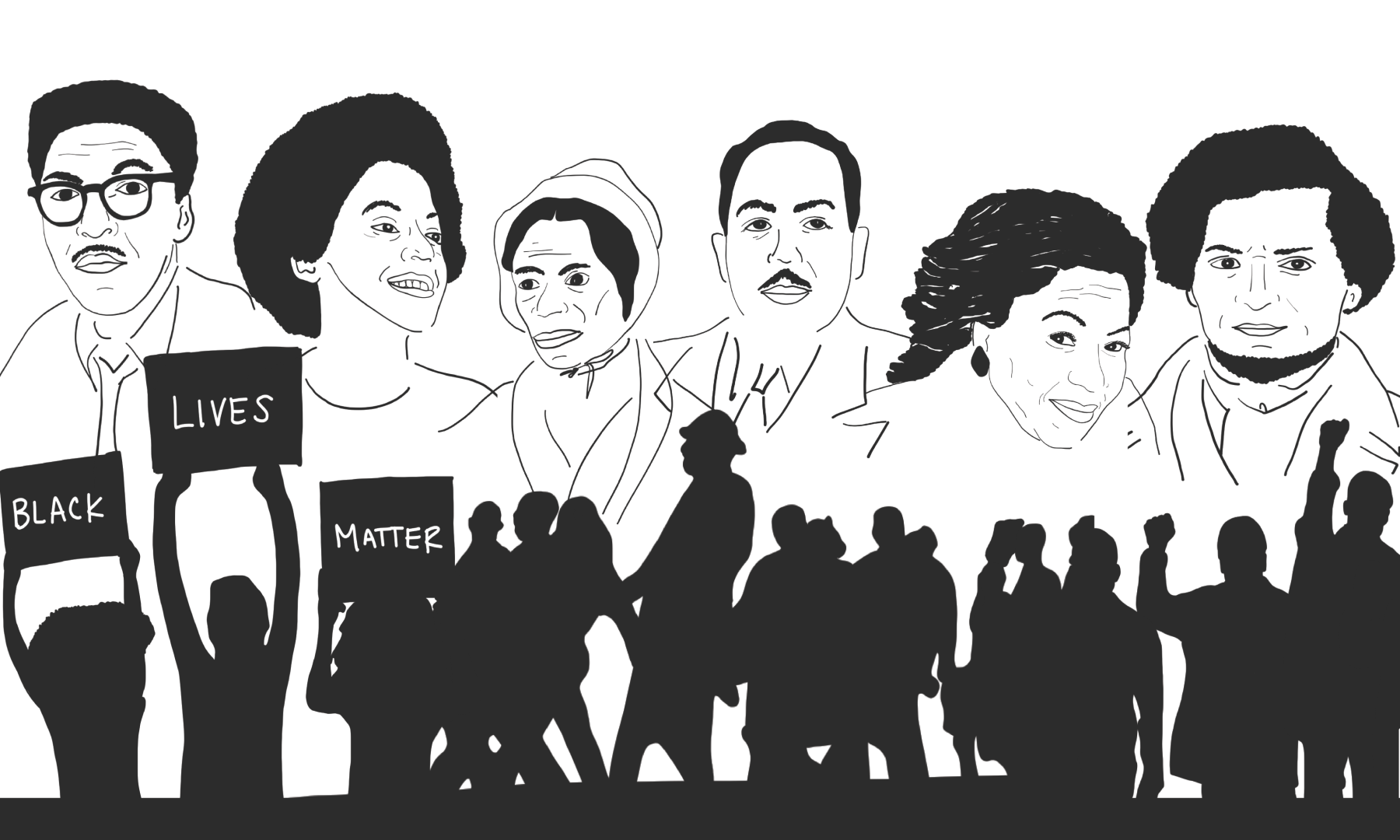 Illustration featuring the likenesses of Bayard Rustin, Angela Davis, Sojourner Truth, Langston Hughes, Toni Morrison, Frederick Douglass and silhouettes of protesters and activists.