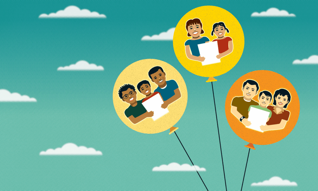 Illustrated balloons with people inside each one.